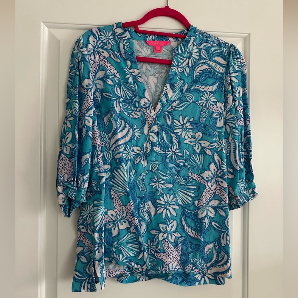 Lilly Pulitzer Mialeigh Linen blouse, 10, Amalfi blue sound the sirens - Picture 2 of 4